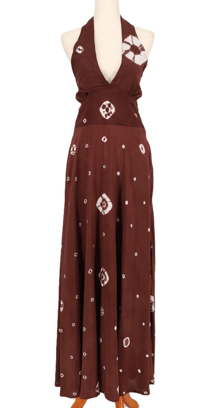 Busayo Women Brown Printed Viscose Dara Fit & Flare Halter Maxi Dress Size M